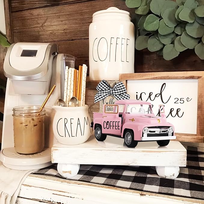 Hooqict Coffee Bar Decor Mini Metal Pink Truck with Coffee Beans Burlap Sack for Pink Home Farmhouse Kitchen Tiered Tray Decor Coffee Bar Accessories Coffee Station Vintage Pickup Valentines Day