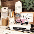 Hooqict Coffee Bar Decor Mini Metal Pink Truck with Coffee Beans Burlap Sack for Pink Home Farmhouse Kitchen Tiered Tray Decor Coffee Bar Accessories Coffee Station Vintage Pickup Valentines Day