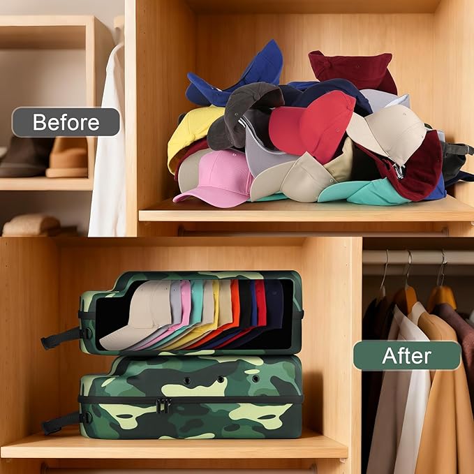 Hard baseball hat case, Hat Carrier Travel Case with Adjustable Shoulder Strap, Hat cap case for 12 Baseball Caps - Perfect for Traveling & At-Home Storage (Camo Green)
