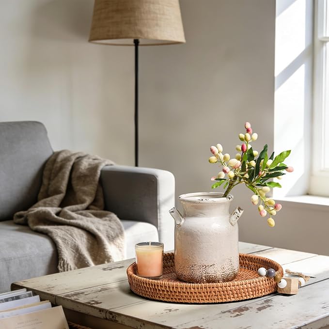 Quoowiit Ceramic Rustic Farmhouse Vase, Distressed Decorative Flower Vase for Home Decor, Ideal Shelf Decor, White Boho Vase for Living Room Bedroom Kitchen Office Decor Centerpiece Table Decorations