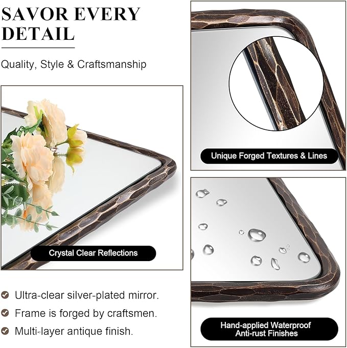 ANDY STAR Hand-Forged Bronze Bathroom Mirrors for Wall, 22x30 Inch Vintage Solid Steel Metal Frame Bathroom Vanity Mirror, Antique Rounded Rectangle Wall Mirror, Hangs Horizontally or Vertically