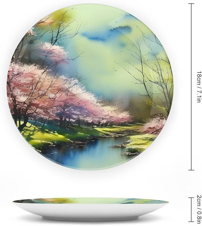 Decorative Plates, Spring Forest Painting Pink Blue Green Display Plate for Home Office Kitchen Table Decor Porcelain Plates 7 Inch, Birthday Gifts