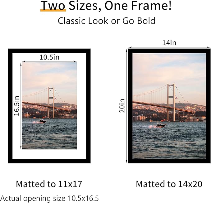 14x20 Picture Frame 3 Pack - Black Poster Frame Display Pictures 11x17 with Mat or 14 x 20 Without Mat for Wall Hanging Horizontal and Vertical