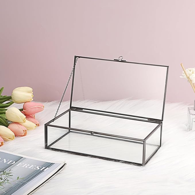 Hipiwe Glass Keepsakes Display Box with Lid - Decorative Black Glass Box Clear Rectangle Storage for Trinket Perfume Cards Gift