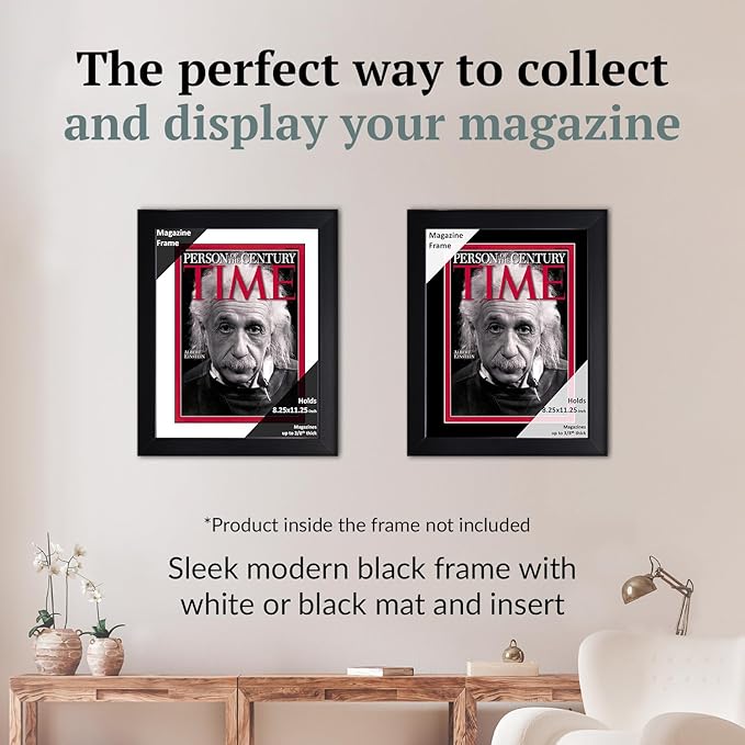 Creative Picture Frames 8.25 x 11.25 Magazine Frame with Full-Strength Glass, Holds Up To A 1/4" Thick Media with Installed Hangers for Easy Mounting, 11x14 Black Frame with White Mat