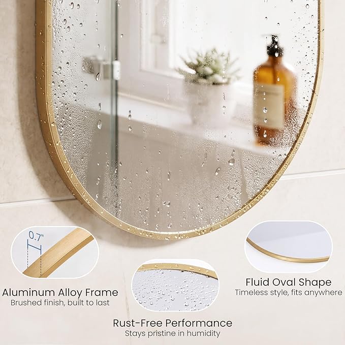 Sweetcrispy 24" x 36" Gold Bathroom Mirror for Wall, Oval Wall Mirrors with Metal Frame, Tempered Glass, Modern Vanity Mirror for Over Sink, Living Room, Bedroom, Entryway, Horizontal or Vertical
