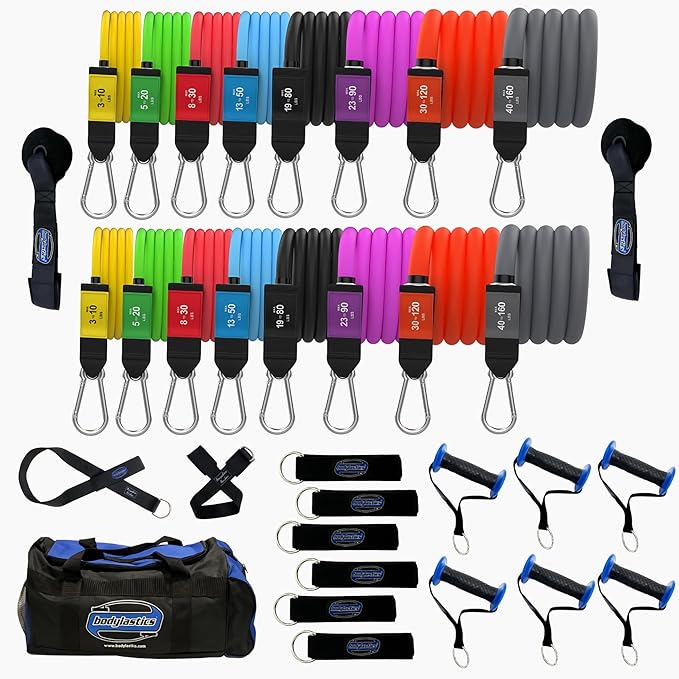 Bodylastics Patented Basic Series Resistance Band Set - 5 Resistance Bands with Snap Reduction Tech, 2 Handles, 2 Ankle Straps, 1 Door Anchor & 1 Carry Bag