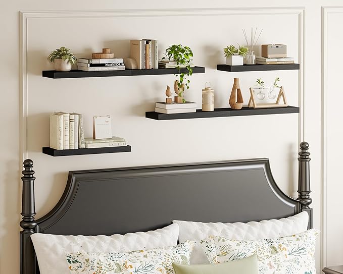 Fixwal Black Shelves, 15.7in Floating Shelves, Farmhouse Shelf Wall Decor for Bathroom, Bedroom, Living and Kitchen Set of 6