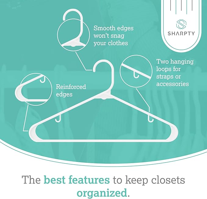 Sharpty Plastic Clothes Hangers - Adult Plastic Hanger - Clothing Hangers - Standard Hangers for Clothes - Space Saving Hangers - Ideal for Shirt, Dresses, Coat Hangers (60-Pack, White)