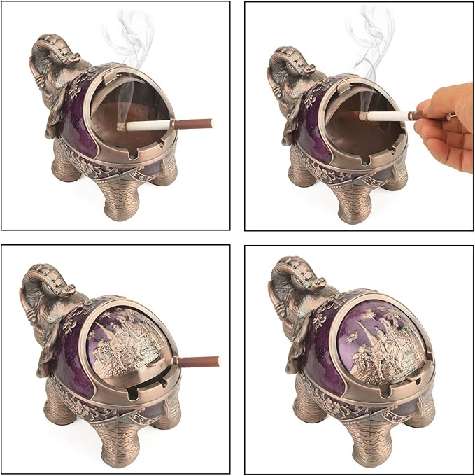 LAUYOO Elephant Decorative Ashtray with Lid for Cigarettes Metal Smoking Ash tray Holder for Smoker Windproof Cigarette ashtrays for Indoors Outdoors Fancy Gift for Men Women (Dark Purple)