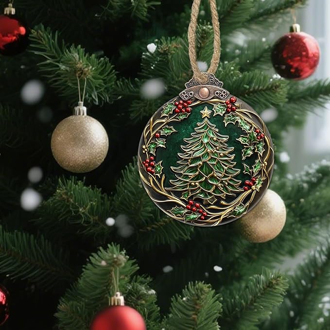 DASTOLL Stained Glass Christmas Decorations, Vintage Patina Wreath Suncatcher for Window Christmas Tree Hanging Ornaments Green Sun Catcher Xmas Decor Gifts for Women Men Mom Nana Friend