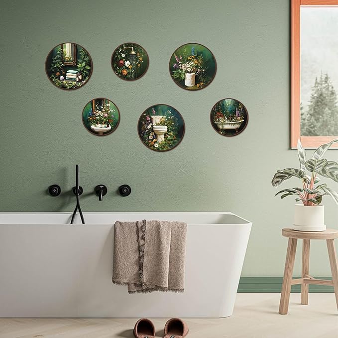 TOARTi 6pcs Vintage Floral Bathroom Wall Art Set(9.9”x3/7.9”x3) Round Dark Green Botanical Wall Plaques Moody Bathroom Wooden Hanging Vintage Wildflower Shower Bath Wall Decor for Restroom