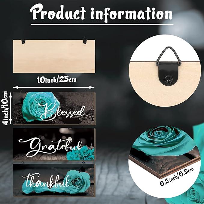 Hillban 3 Pieces Rose Wooden Wall Decor Rose Bathroom Decor Thankful Grateful Blessed Accessories Inspirational Wall Art Signs for Living Room Kitchen Wedding(10 x 4 Inch,Teal)