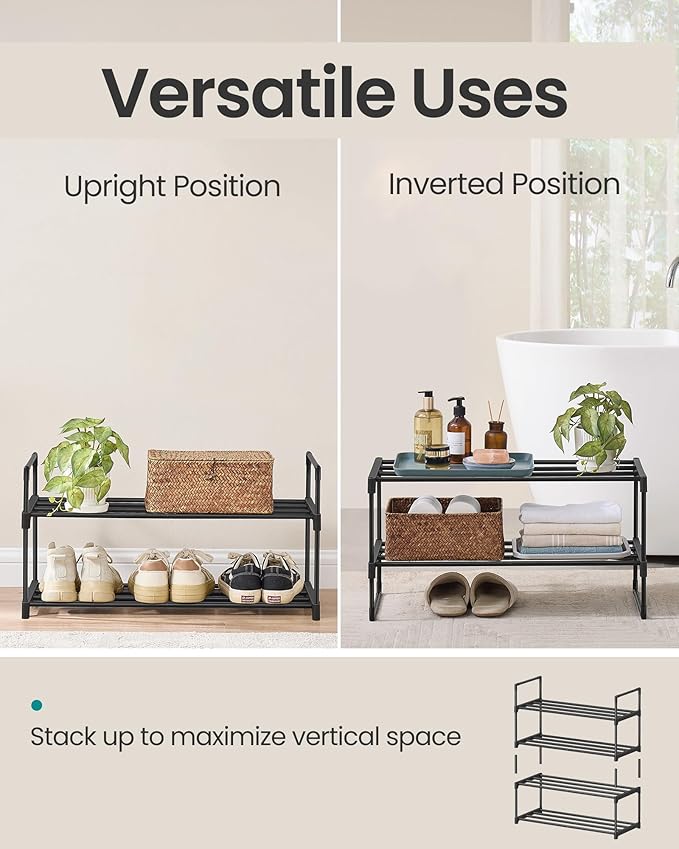 SONGMICS Shoe Rack, 2-Tier Shoe Organizer, Metal Storage Shelf, Upright or Upside Down, for 6-9 Pairs, Stackable, for Entryway, 11.8 x 26.8 x 14.6 Inches, Black ULSA202B01