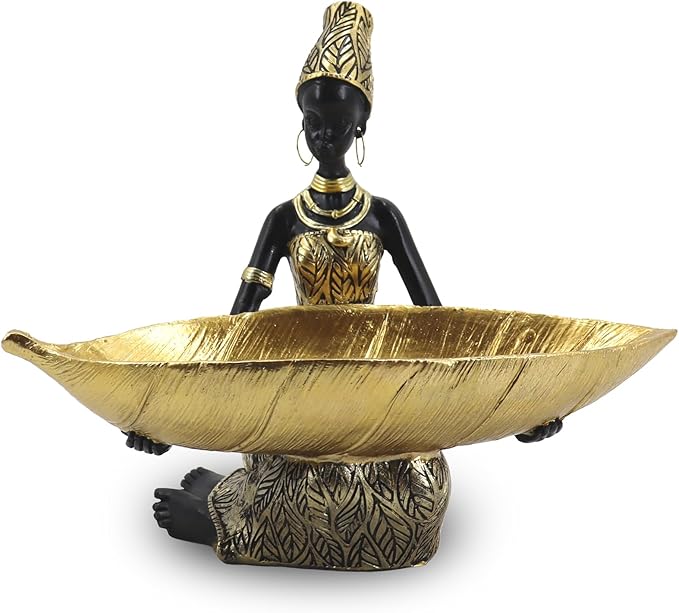 Lescafita African Woman Resin Tray Statue, Gold Leaf Decorative Sculpture, Handmade African Figurine Tray for Jewelry, Keys, Coins, Home Table Centerpiece Decor, Cultural Art Gift