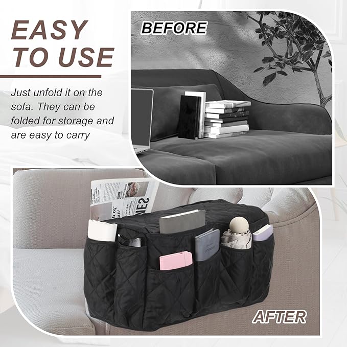 uxcell 2 Pcs Recliner Armchair Caddy, Couch Armrest Organizer with 14 Pockets for Bedside Sofa Remote Control Holder Magazine Phone Book Glasses (Black, 20" x 7" x 9")