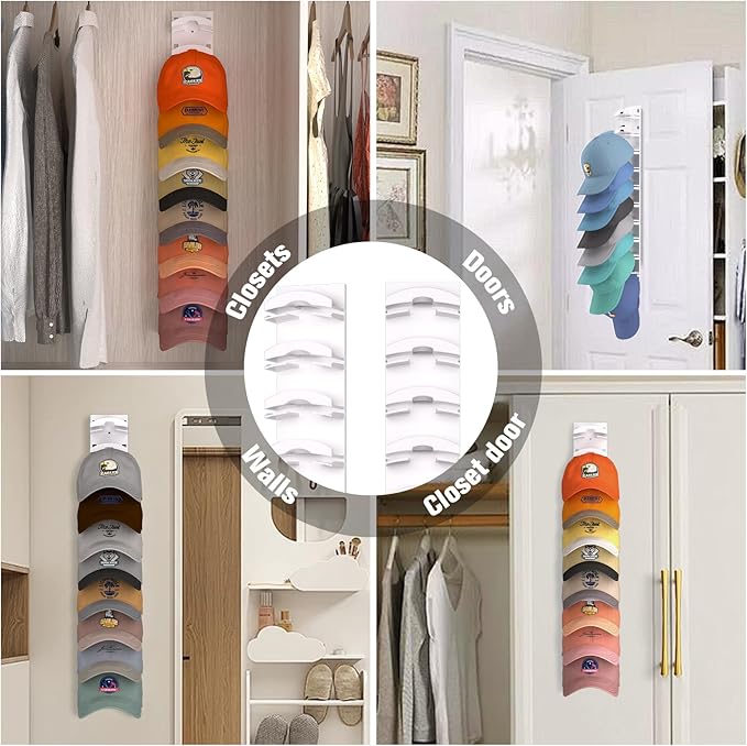 Hat Organizer for Baseball Caps, Hat Rack for Wall with Strong Adhesive Hold up to 10 Hats, Hat Hanger Holder Display for Door Closet, Cap Organizer Storage Multilayer Two Mounting Option(White)