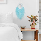 Dreamlike Cyan Blue Tree of Life Dream Catcher Wall Decor with Healing Crystal Stone Handmade Feather Dream Catchers Decoration Wall Hanging for Girls Bedroom Living Room Wedding Party Home Décor