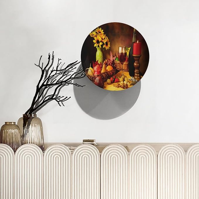 Decorative Plate Stand, 6 Inch, Fruit And Nut Decorated Red Wine Round Display Plate, Decorative Plates with Stand, Ceramic Craft for Wall Hanging Decorative