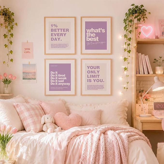 DSHFG Motivational Inspirational Office Wall Art Decor Prints Set of 4, Black Motivational Wall Decor Trendy Retro Posters for Office Home Decor, 8x10 Unframed (Purple)