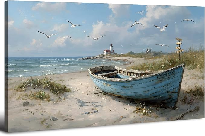 Coastal Wall Art Beach Wall Decor Nautical Ocean Canvas Picture Nature Seaside Boat Seascape Prints Painting Bathroom Decor Rustic Beach Scenery Artwork Living Room Bedroom Office Decoration 20x40"