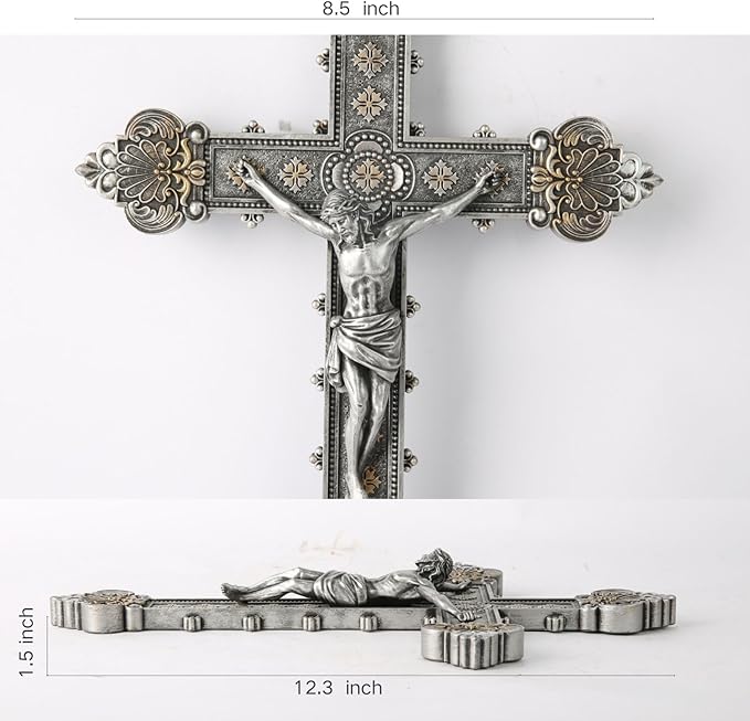 BC Catholic Crucifix Wall Cross, 12"H Jesus Christ Home Decor, Religious Gift, Vintage Silver Color Finish, Renaissance Sculpture Hand-painted by Buildclassic