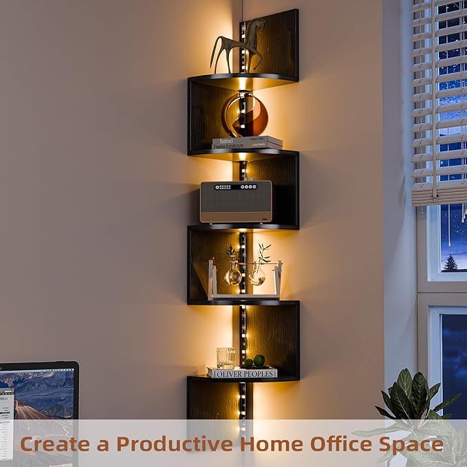 HAAYOT Corner Shelf Wall Mounted: 5-Tier Floating Shelves with Lights for Living Room, Bedroom, Home Office, Black