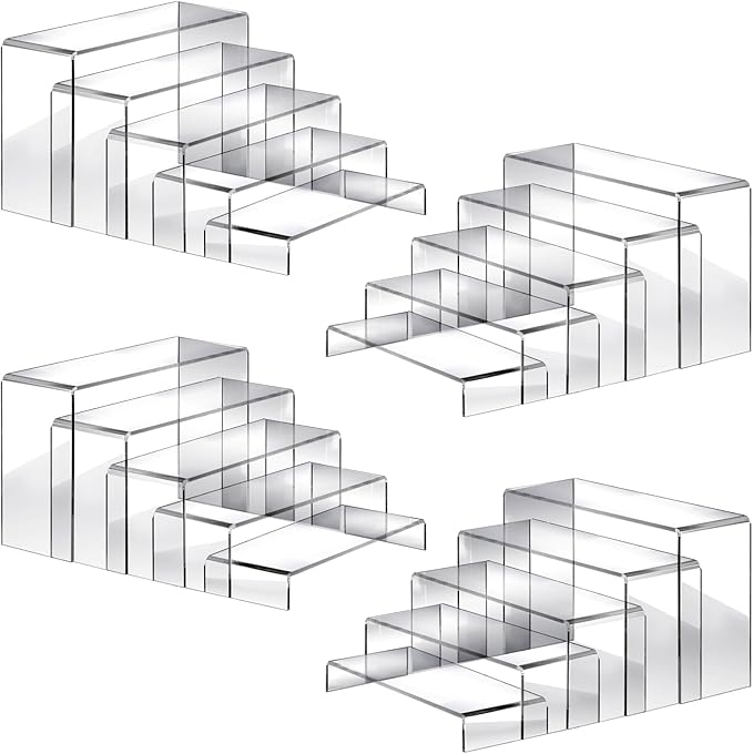 Fixwal 20pcs Large Acrylic Risers 4 Set Acrylic Display Stand Perfume Organizer Stands Clear Rectangular Dessert Table Display Set, Display Shelf for Show Cupcake, Figures, Jewelry, Toys