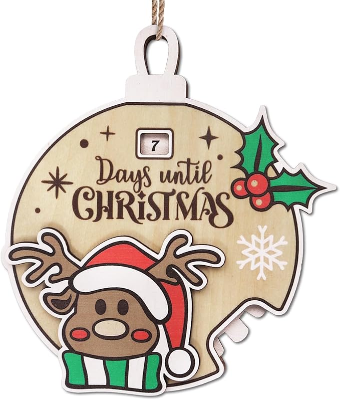 Christmas Elk Snowflake Ornaments for Trees Decorations, Wooden Countdown Hanging Pendant Charms Xmas Reindeer Decorative DIY Craft Hanging Ornaments for Christmas Decorations