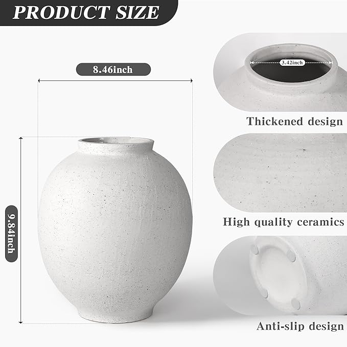 White Ceramic Large Vase - 9.84 Inch Round Modern Ceramic Vases,Tall Vase for Decor Living Room Table Decor and Festive Home Interiors