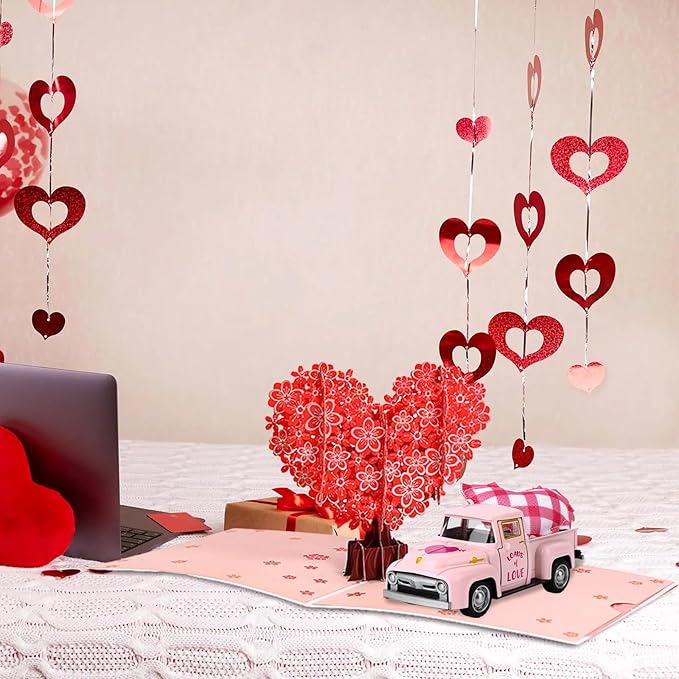 Valentine’s Day Metal Truck with Hearts Pink Truck Vintage Romantic Tiered Tray Decor for Farmhouse Metal Car Model Valentine’s Day Table Centerpiece Supplies