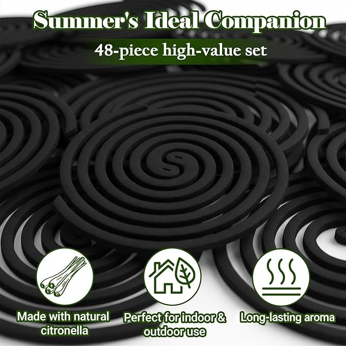 FIRIK Citronella Coils Outdoor, 20 PCS Citronella Incense Coil with 2 Incense Burner and 2 Coil Holders, Natural Lemongrass Coils for Patio Camping Farms Courtyards Backyard Garden BBQ Indoor, Black