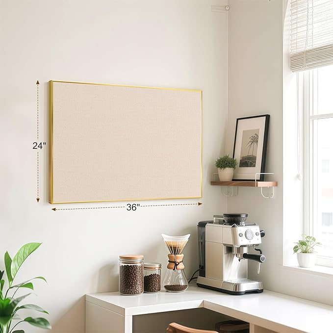 Linen Bulletin Board 36" x 24", Fabric Pin Board with Gold Aluminum Frame, Decorative Vision Board for Home Office, Bedroom & Dorm Wall Decor, Includes 10 Push Pins, Beige