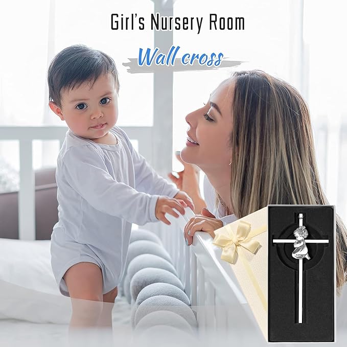 Tryuunion Baby Wall Cross Baptism Gifts for Boys and Girl, 7-inch Blessing Boy Baptism Crosses for First Holy Communion Christening and Dedication Baptismal Gifts (Silver Girl-7 in)