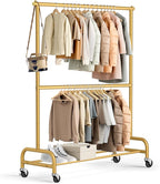 MISSLO Gold Clothing Racks for Hanging Clothes Heavy Duty Clothes Rack Double Garment Rack Metal Rolling Coat Rack Closet Wardrobe Rack on Wheels