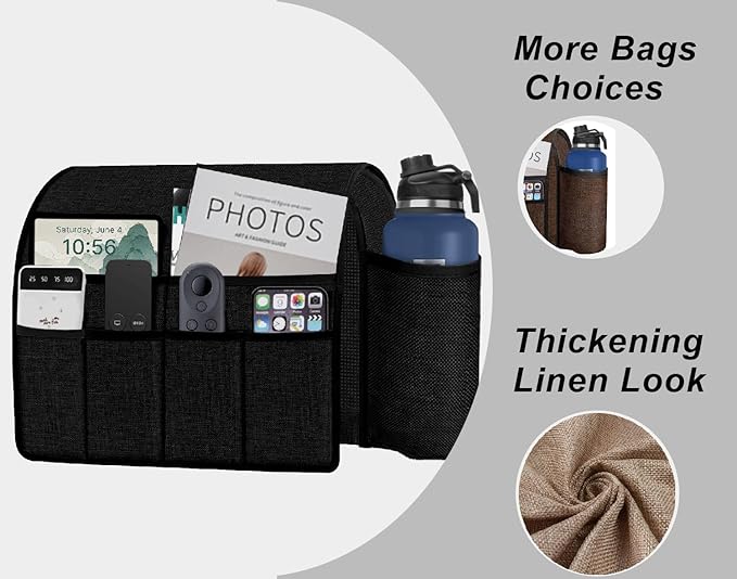 Ntomtuex Sofa Armchair Caddy Remote Control Holder with Water Bottle for Couch Recliner, Armrest Organizer with 7-Pocket Design for Magazines, Eyeglasses, iPad, Phone, Black