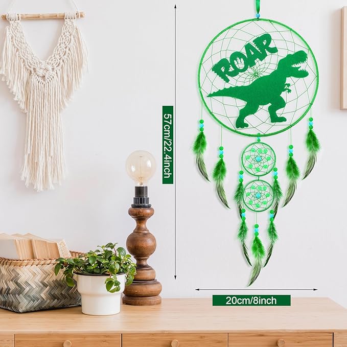 Dinosaur Dream Catcher Kit for Kids Dino Feather Dreamcatcher Dinosaur Wall Hanging Decor with Triple Ring DIY Feather Dream Catcher Gifts for Home Nursery Boys Girls Toddler Baby Room Bedroom Decor