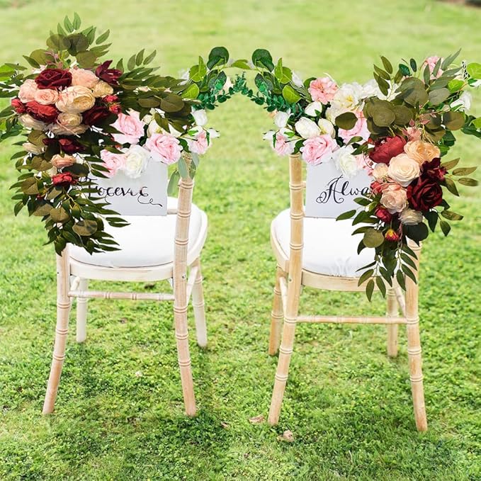 Firlar Artificial Wedding Arch Flowers Kit, 2 Pcs Decorative Floral Swag with Red Rose, Pink Peony and Eucalyptus Leaves Fake Peony Garland Wreath for Wedding Chair Party Ceremony Backdrop Decor