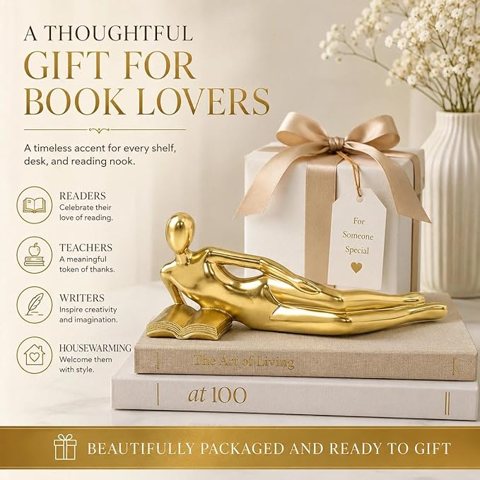 Gold Reading Statue Style D, Abstract Reader Figurine, Resin Book Decor for Bookshelf, Coffee Table, Desk Shelf Decor, Gift for Book Lovers