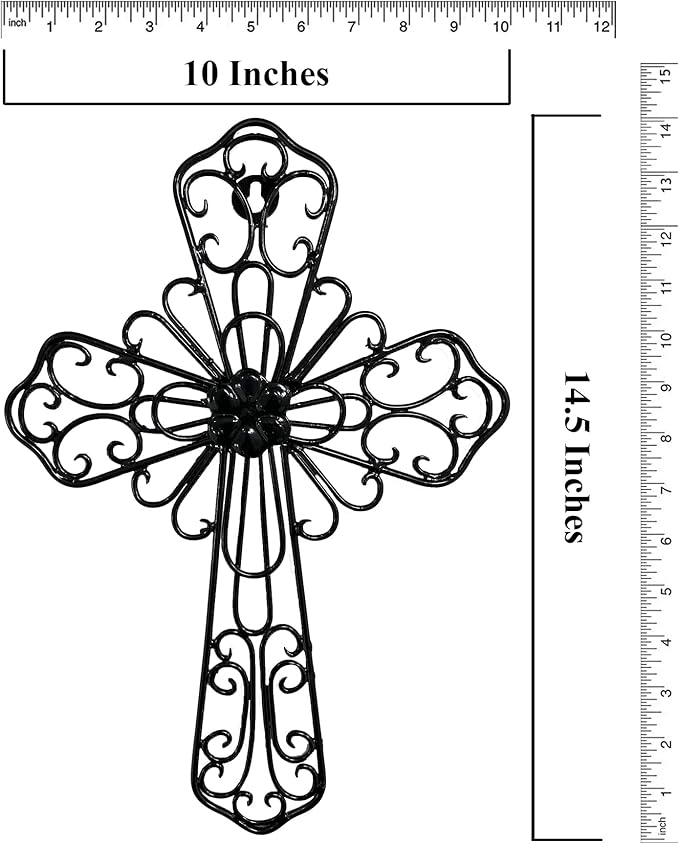 RELY+ Black Wall Cross 14X10 Inch Living Room Décor Outdoor Crucifix Wall Décor Metal Wall Art Decorative Hanging Iron Wrought Wall Décor Crosses for Rustic Indoor Home Valentine's Day Decorations