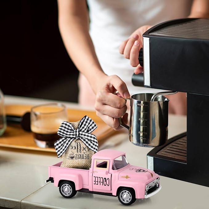 Coffee Decor for Coffee Bar Metal Truck with Coffee Beans Burlap Sack Vintage Pickup Mini Diecast Truck for Farmhouse Coffee Station Home Coffee Bar Tabletop Decorations (Pink)