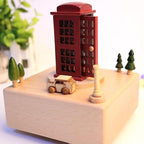 Natural Solid Wood Handcrafted Beech Wooden, Musical FigureTotoro/Carousel/Fairy/Ballerina Figurine,Rotating Hand Crank Mechanism Music Box,Musical Decorations (Telephone Booth)