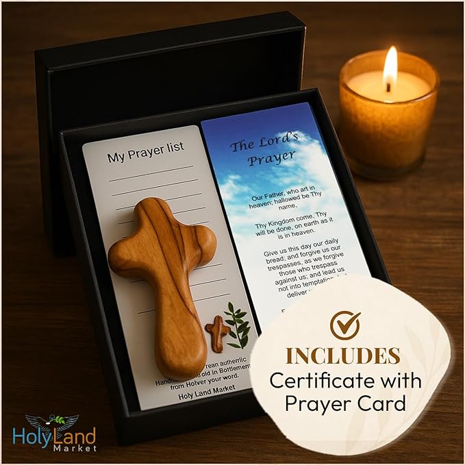 Holy Land Market 3 Olive Wood Crosses From the Holy Land - 2.5 Inch Pocket Palm Crucifix | Handmade Jerusalem, Bethlehem Israel - Gifts by Christians with Certificates -Holy Land Olive Wood Cross x3