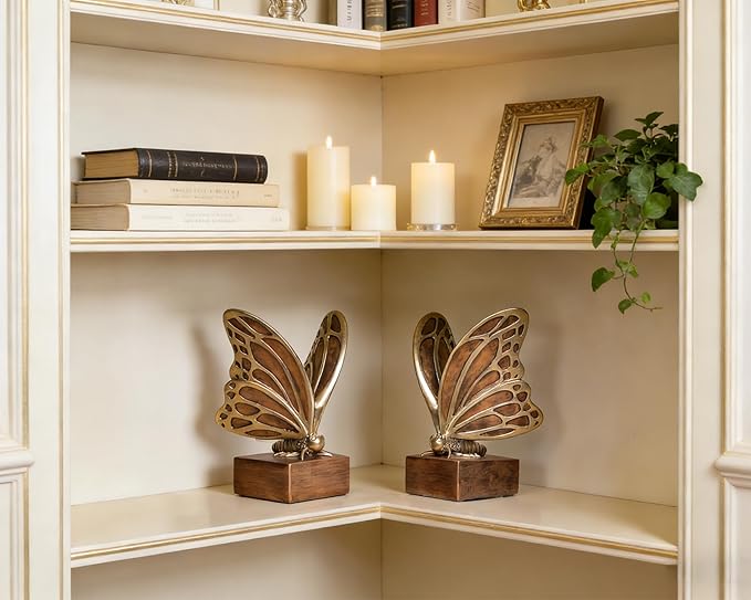 Vintage Brown Butterfly Bookends,Resin Book Ends for Shelves,Heavy Duty Decorative Bookends,Creative Book Stopper Holder Decor for Desk Home Office,Shelf Decoration,Gifts for Mother's Day
