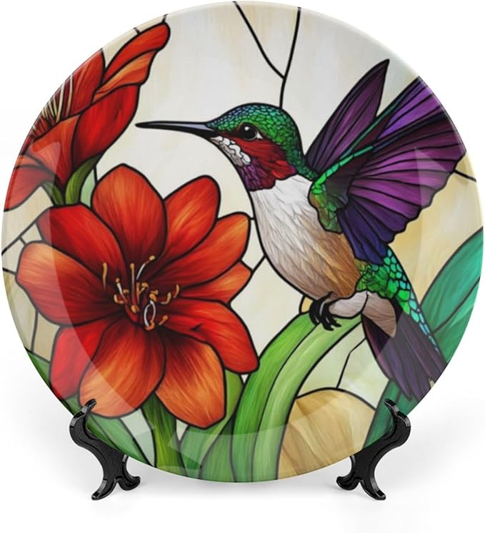 Hummingbird Theme Decorative Ceramic Plate Round Porcelain Plate,6 inch,Floral Rainbow Glass Pattern,for Decorative Ornaments Giving Plates,1 Plate with 1 Display Stand,Red Purple