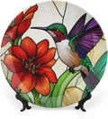 Hummingbird Theme Decorative Ceramic Plate Round Porcelain Plate,8 inch,Floral Rainbow Glass Pattern,for Decorative Ornaments Giving Plates,1 Plate with 1 Display Stand,Red Purple