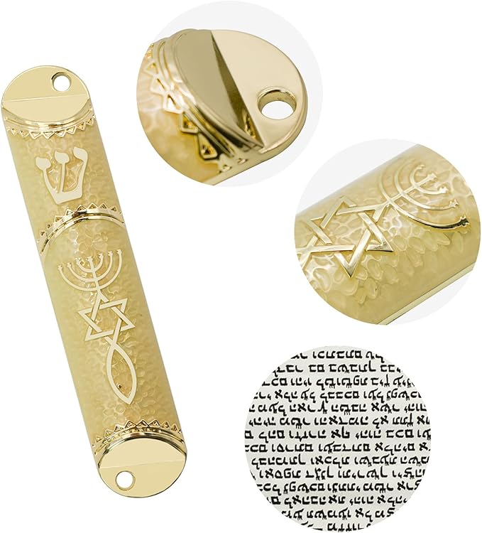 Mezuzah with Scroll for Door, Metal Mezuzah Case with Messianic Seal for Hebrew Home Blessing, Jewish Gifts, Jewish House Warming Decor, Christmas, Easter (Beige)