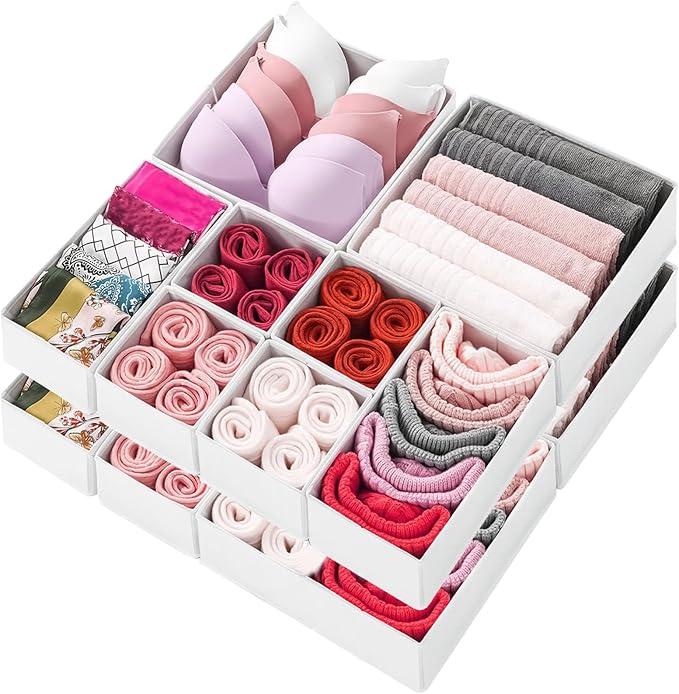 Drawer Organizer Clothes 12 Pack Clothes Organizer Dresser Drawer Organizers for Socks Underwears Bras Foldable Closet Organizers and Storage Fabric Storage Dividers for Nursery Bedroom, White