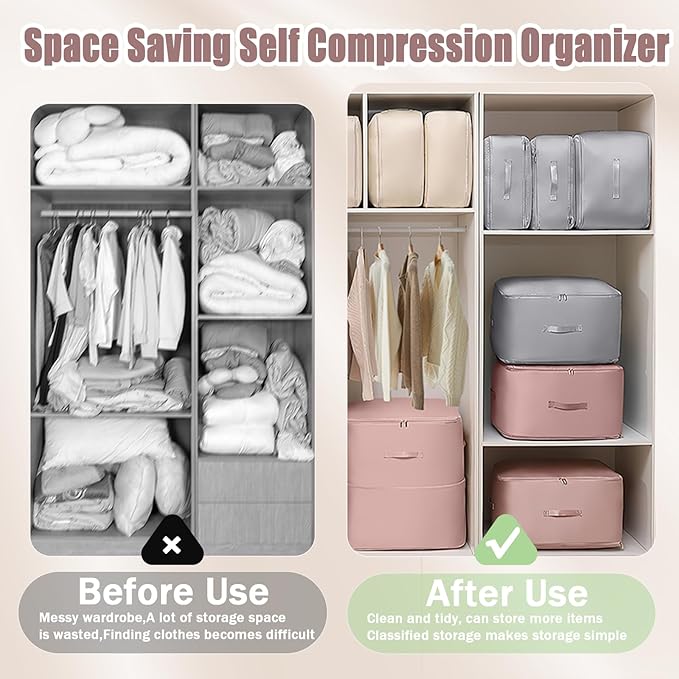 Space Saving Self Compression Organizer, 2025 New Ultra Space Saving Self Compression Organizer, Heavy Duty Moving Bags, Storage Tote for Space Saving (Pink, Large)