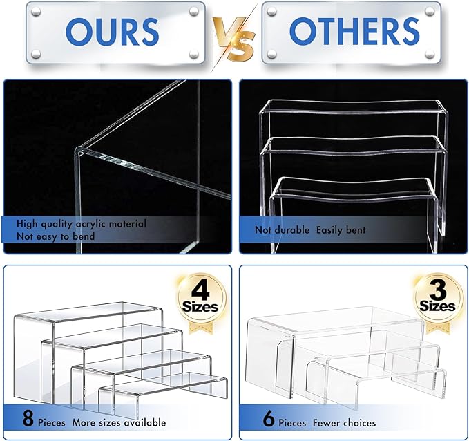 Aheroi Large Acrylic Risers, 8 Pcs 2 Set(7”L~8”L~9”L) Acrylic Display Set Rectangular Stands Shelf Clear Display Risers for Decor, Cake Shelves Retail Shoe Showcase